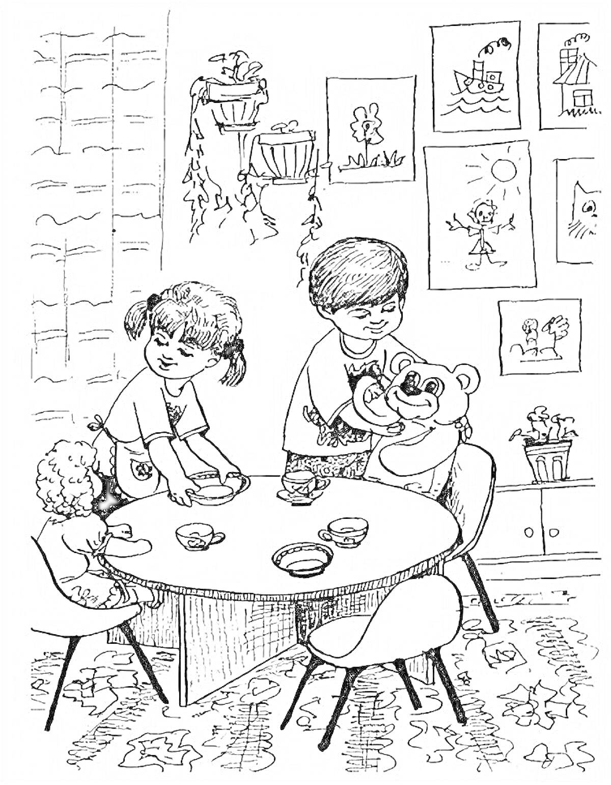 На раскраске изображено: Комнатные растения, Детские рисунки, Этикет, Чаепитие, Игрушки, Интерьер, Воспитание, Плюшевый медведь