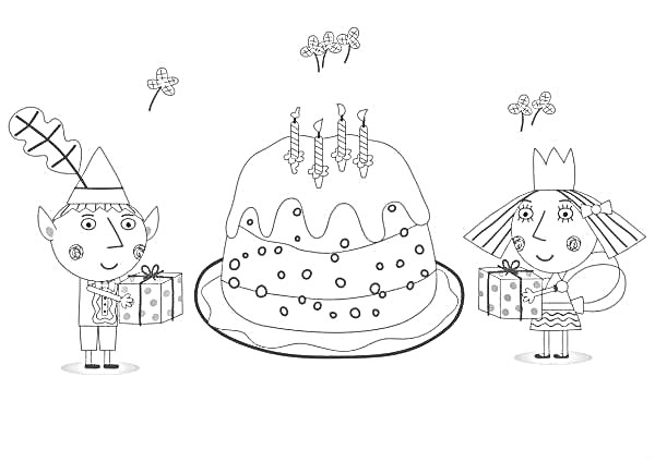 На раскраске изображено: Бен, Холли, Торт, Праздничный торт, Свечи, Подарки, Цветы, Из мультфильмов, Фейерверки