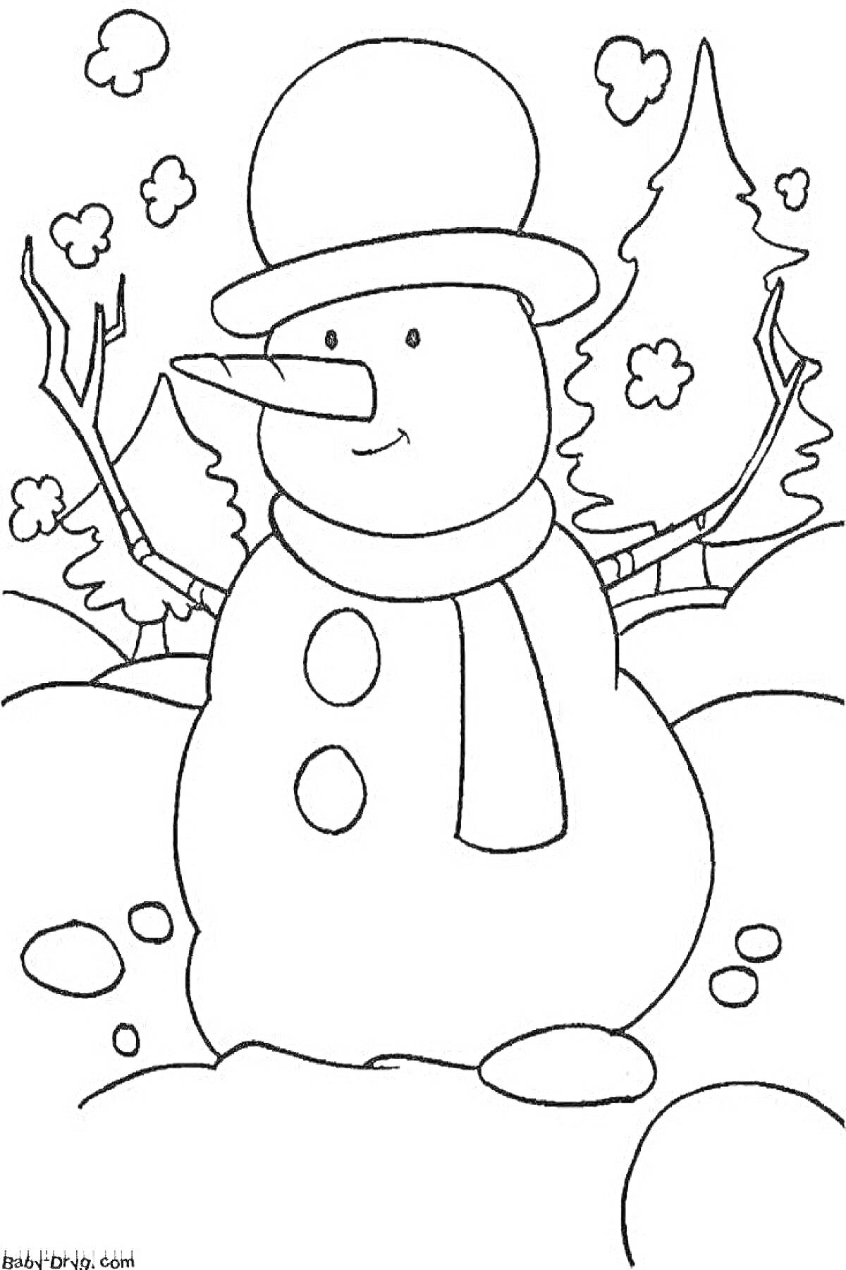 Раскраска Снеговичок в зимнем лесу с ёлками и снегом