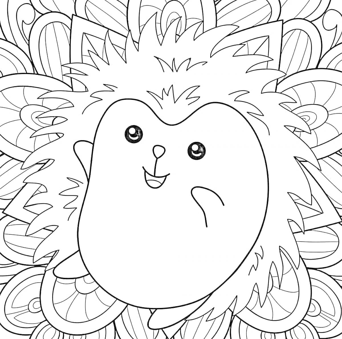 Раскраска Ёжик антистресс с узорным фоном. Ёжик, листья, цветочные элементы, линии, спирали, волнистые формы