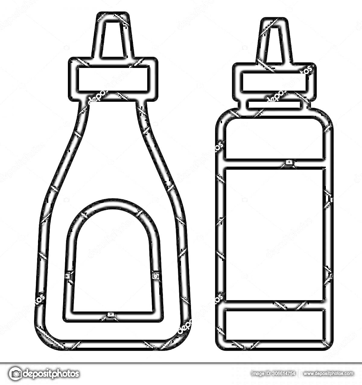 Раскраска Две бутылки для соуса с крышками-дозаторами, первая бутылка с выделенной областью на корпусе