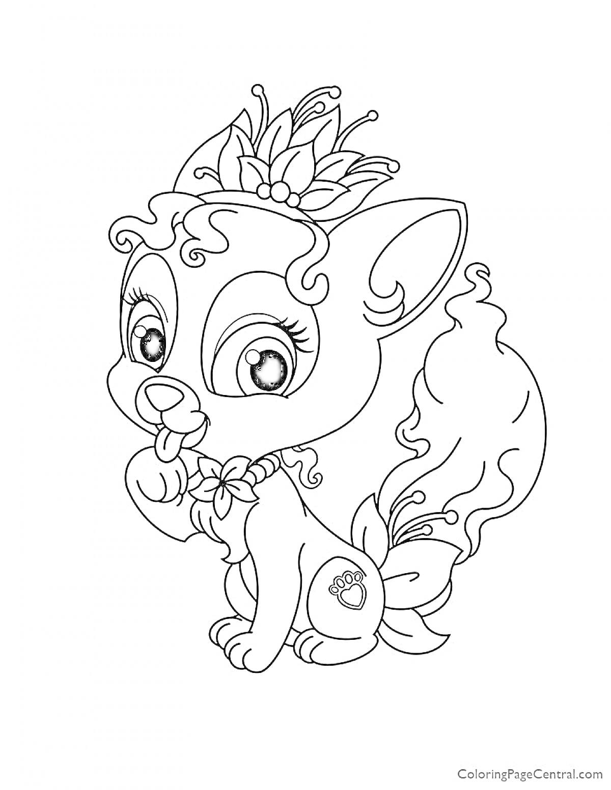 На раскраске изображено: Корона, Бант, Питомец