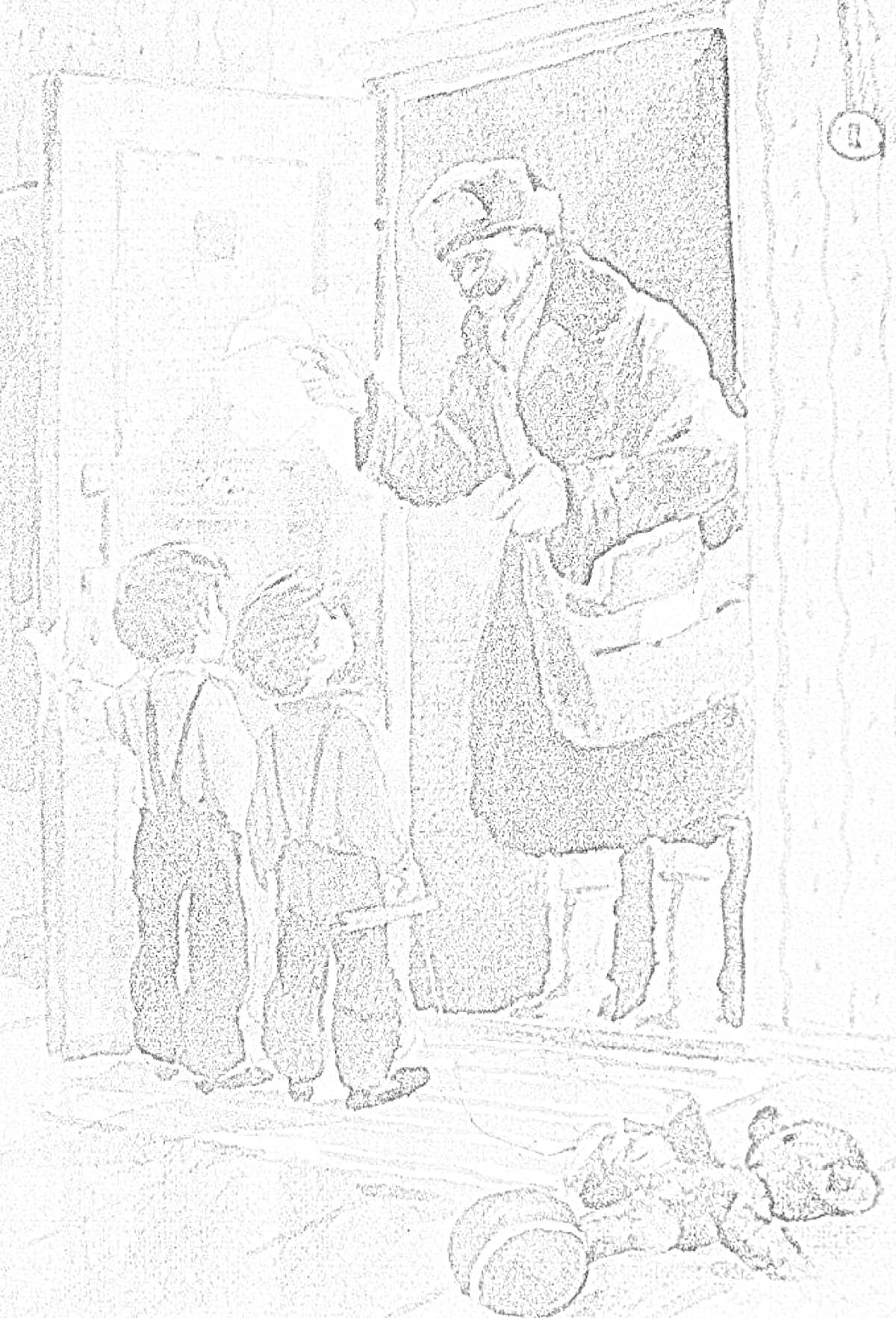 Раскраска Мужчина в валенках здоровается с двумя мальчиками в комнатной двери, на полу лежат игрушка-медведь и ведерко