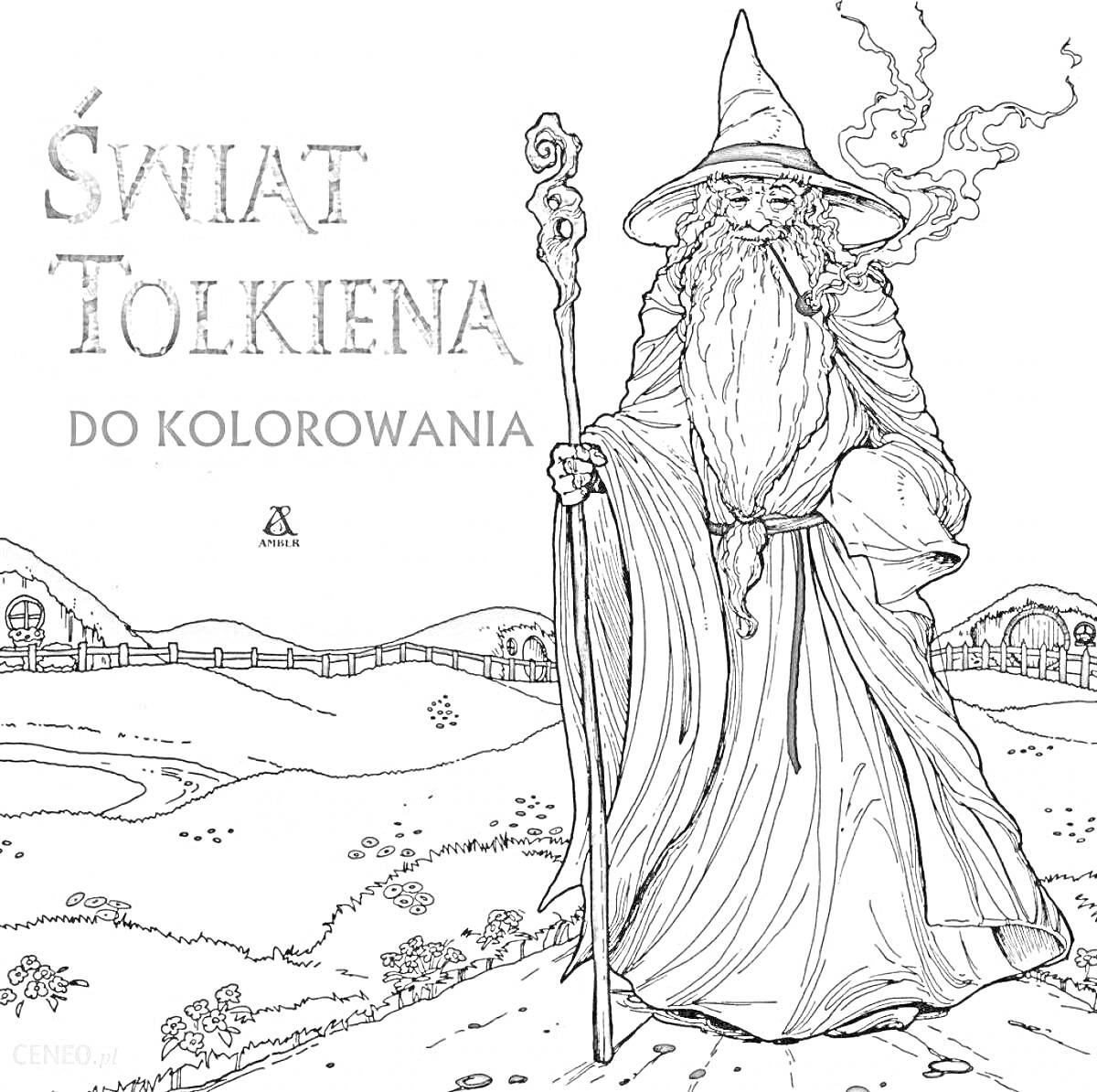 На раскраске изображено: Волшебник, Дом, Толкин, Деревня, Холмы, Фэнтези