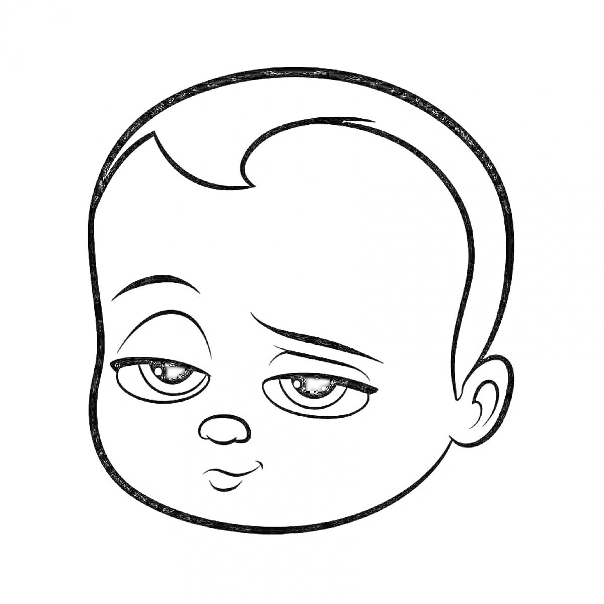 Раскраска Лицо младенца с выражением скептицизма, крупные глаза, немного приподнятая бровь, небольшой улыбающийся рот, полукруглые уши