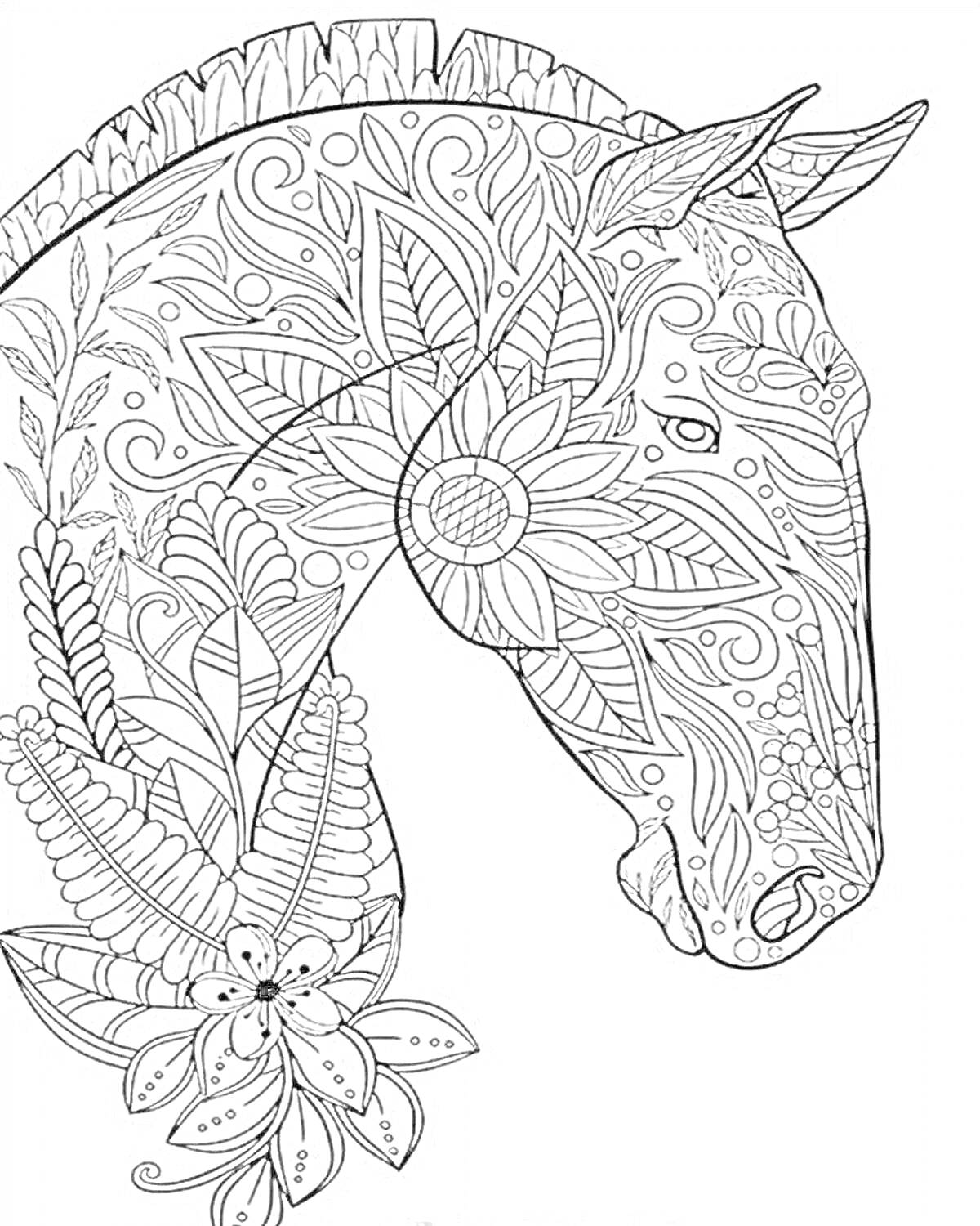 Раскраска Мандала с лошадью и цветочными узорами