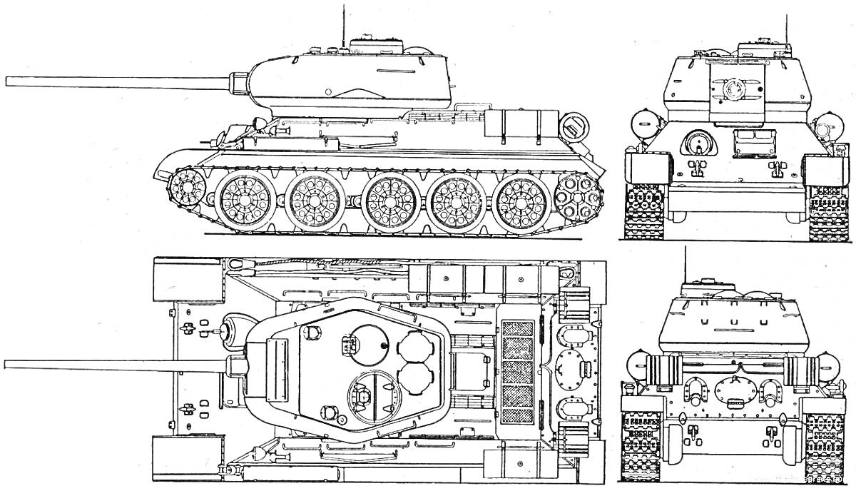 Раскраска Черно-белые схемы танка БТ-7 с видом сбоку, спереди, сзади и сверху