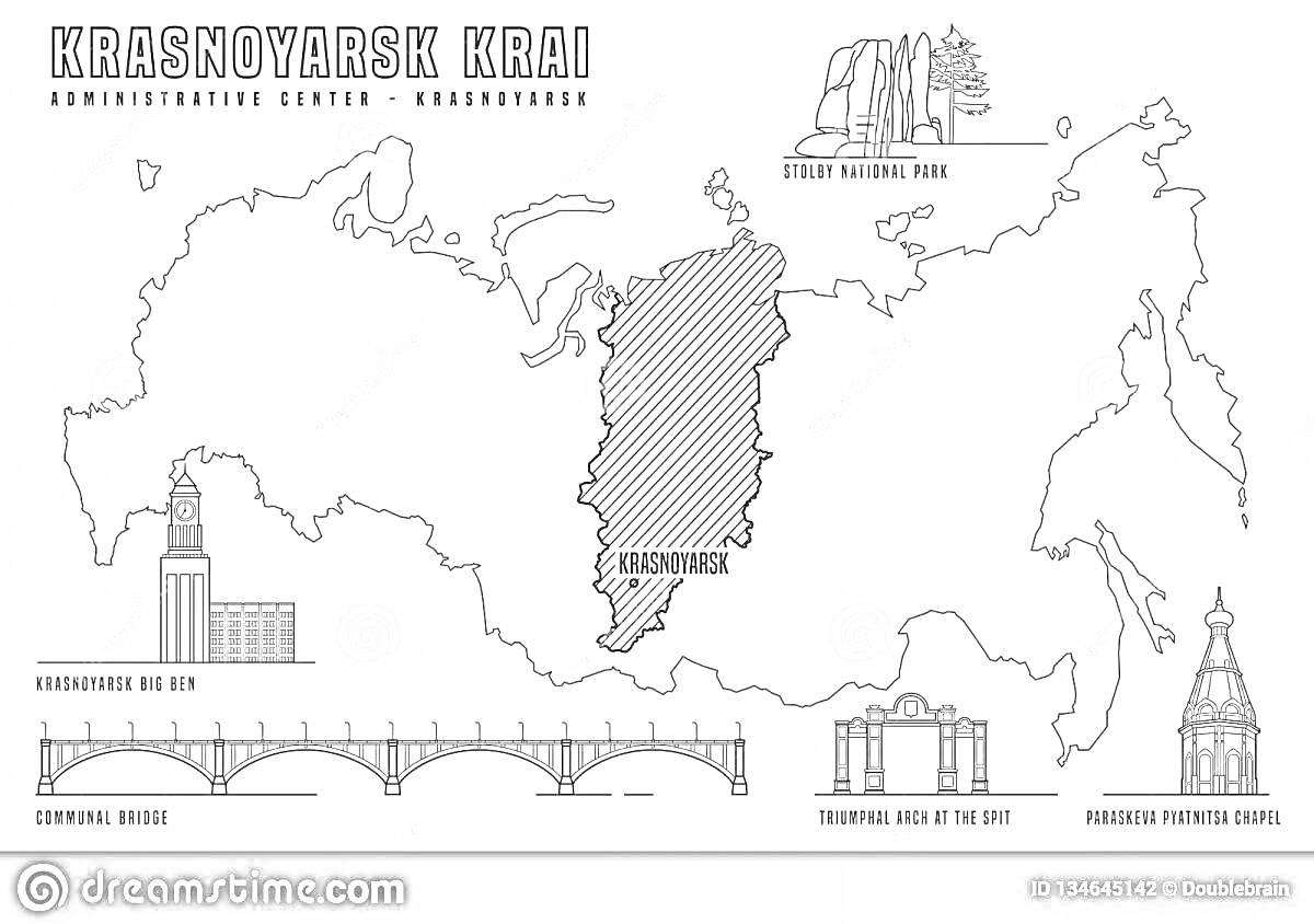 Раскраска Карта Красноярского края с достопримечательностями (Большой Ясный ручей, Заповедник Столбы, Красноярский Биг-Бен, Коммунальный мост, Церковь Преображения Господня)