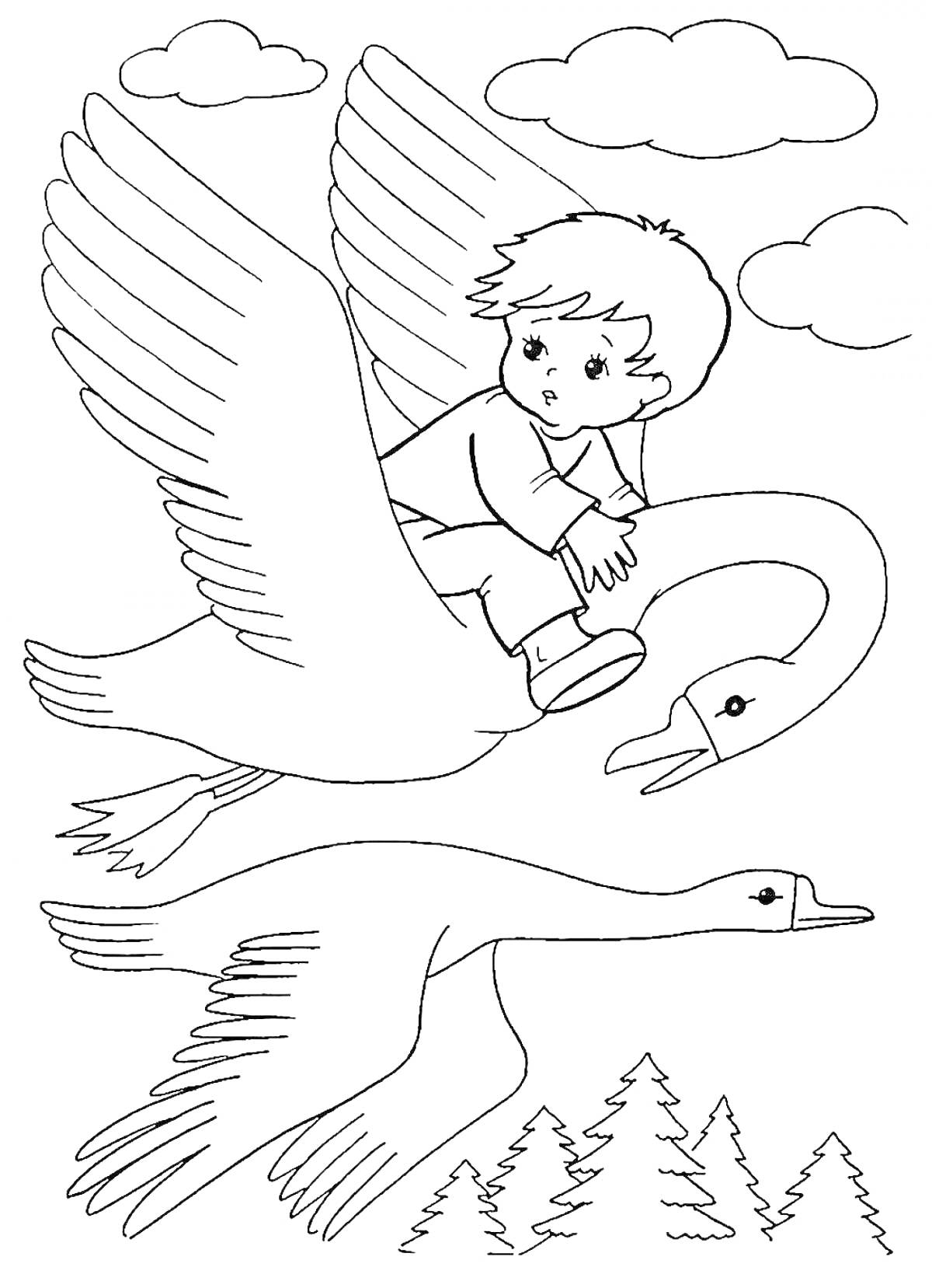На раскраске изображено: Мальчик, Лебедь, Полет, Небо, Облака, Лес