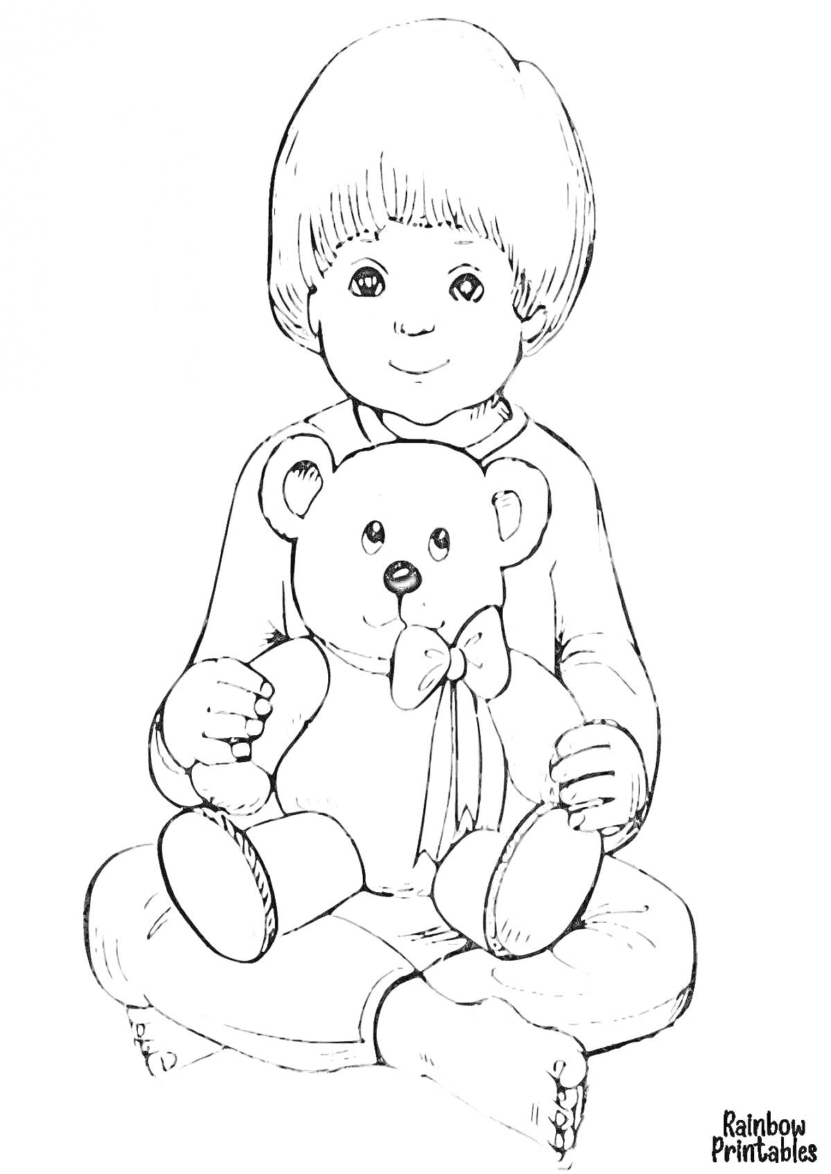 На раскраске изображено: Ребенок, Плюшевый медведь, Бант, Пол, Детство