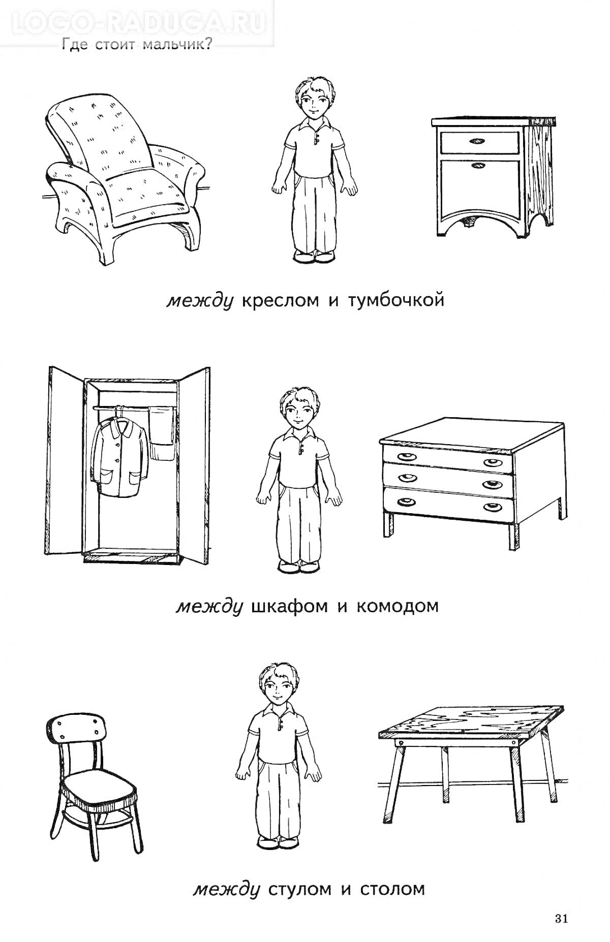 Раскраска Мальчик между креслом и тумбочкой, мальчик между шкафом и комодом, мальчик между стулом и столом