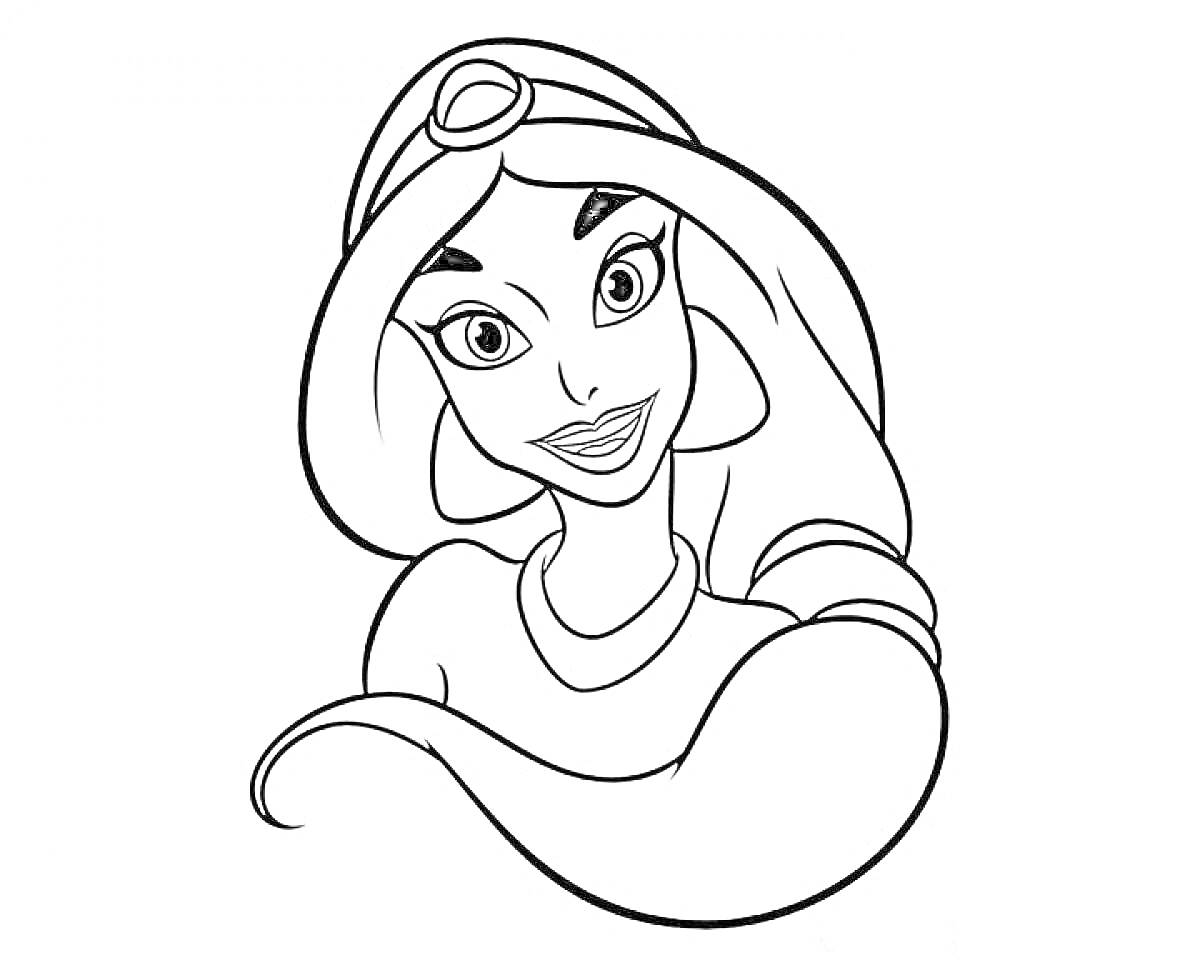 Раскраска Принцесса Жасмин с длинными волосами, диадемой на голове и ожерельем