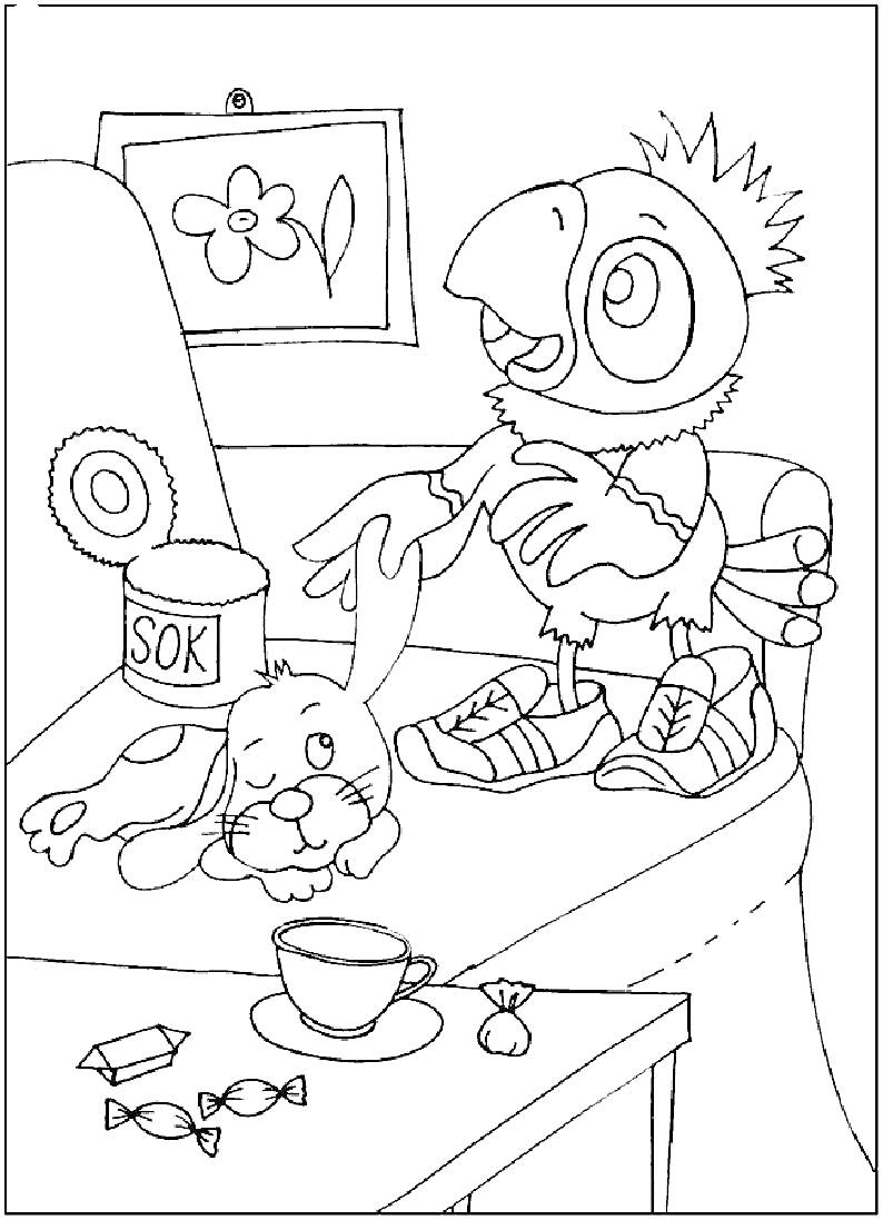 Попугай Кеша на диване с плюшевым зайцем, соком, конфетами, чашкой и цветочной картиной