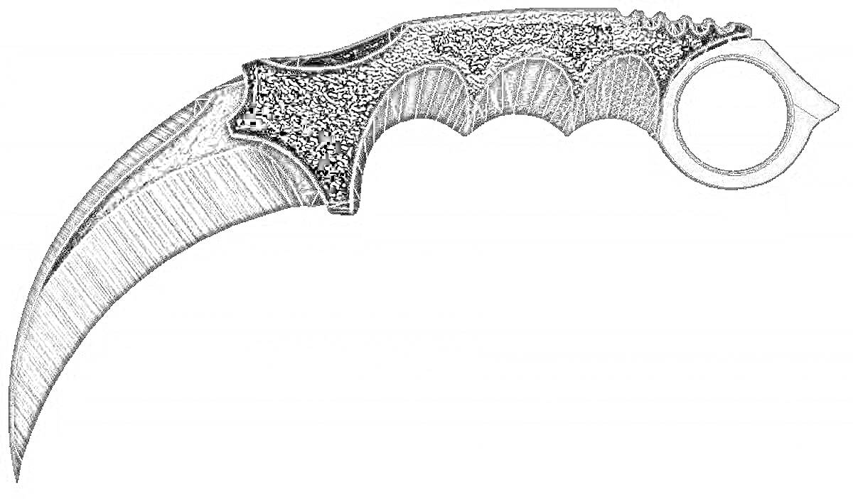 Раскраска Черный кирамбит с серией изогнутых бороздок на лезвии и эргономичной рукоятью с круглым отверстием
