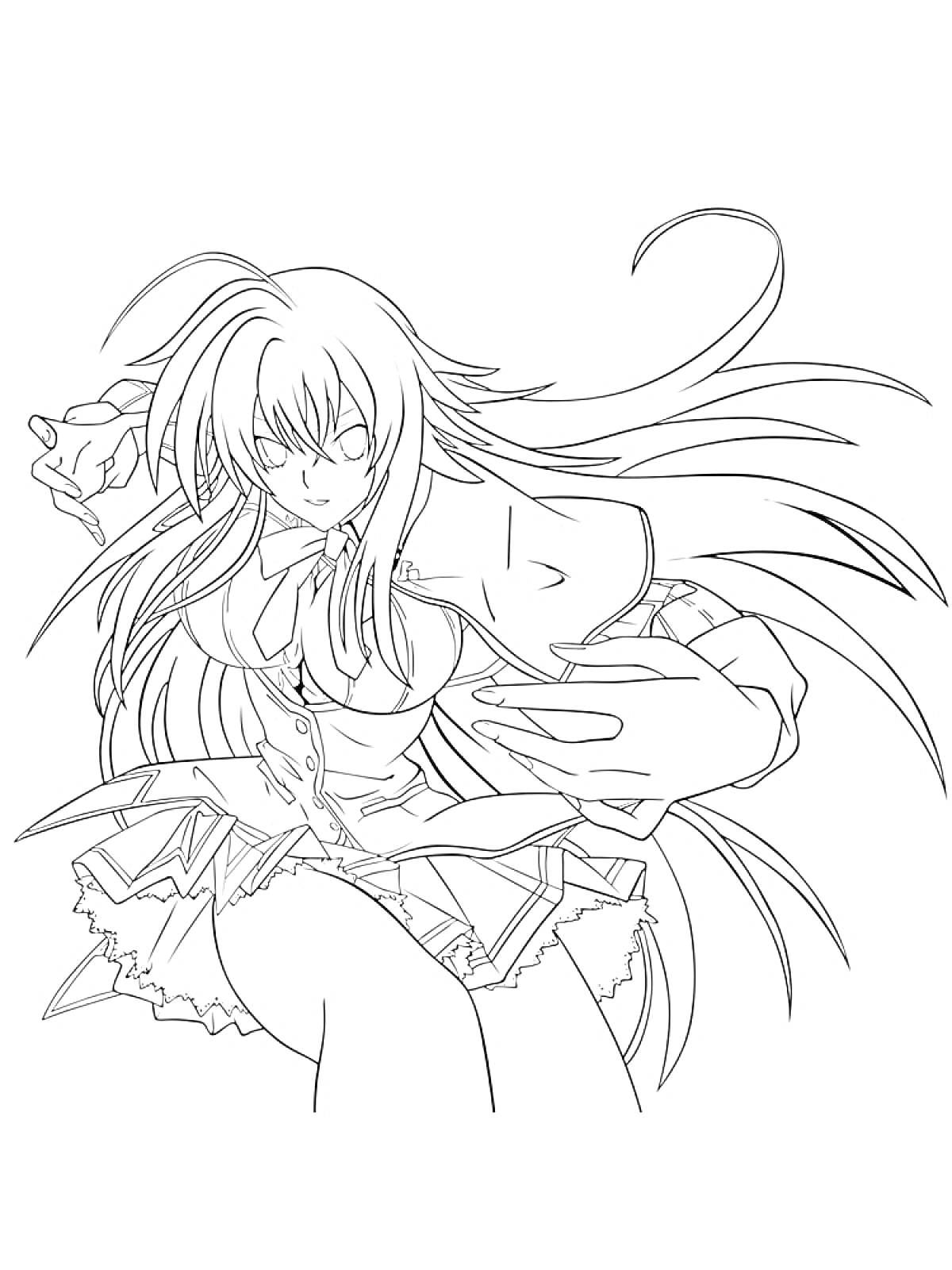 Раскраска Аниме девушка с длинными волосами в школьной форме, воинственная поза