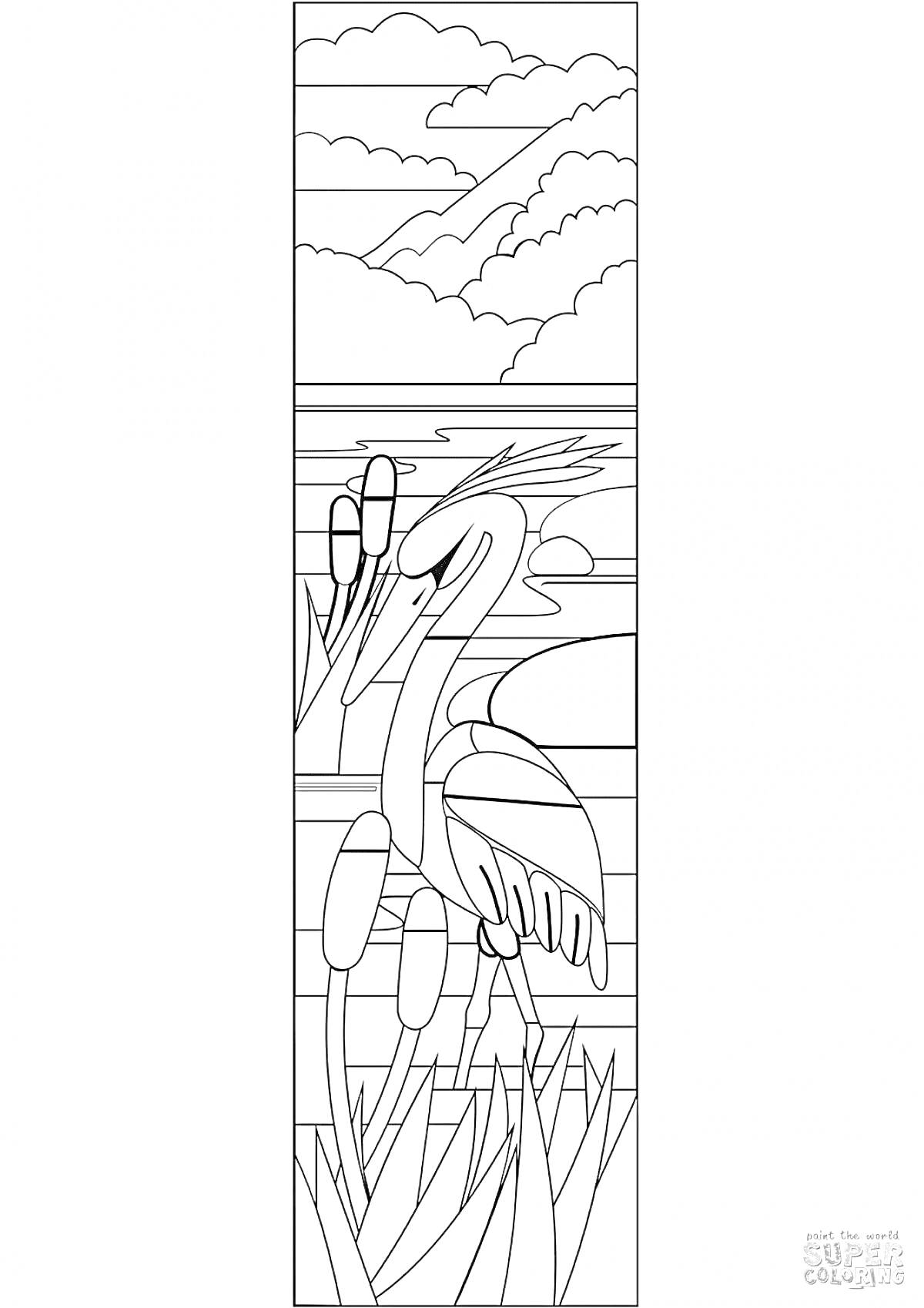 Раскраска Цапля на фоне озера с тростником и горными облаками