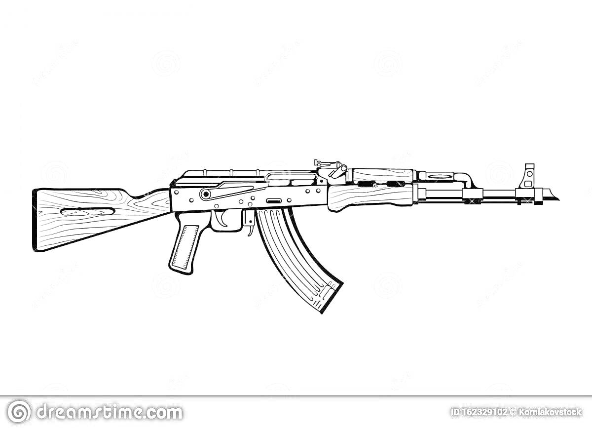 На раскраске изображено: Автомат, Калашников, АК-47, Оружие, Приклад, Прицел, Пистолетная рукоятка, Магазин