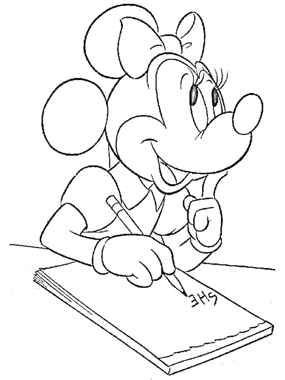 Раскраска Мышонок с бантом пишет в блокноте