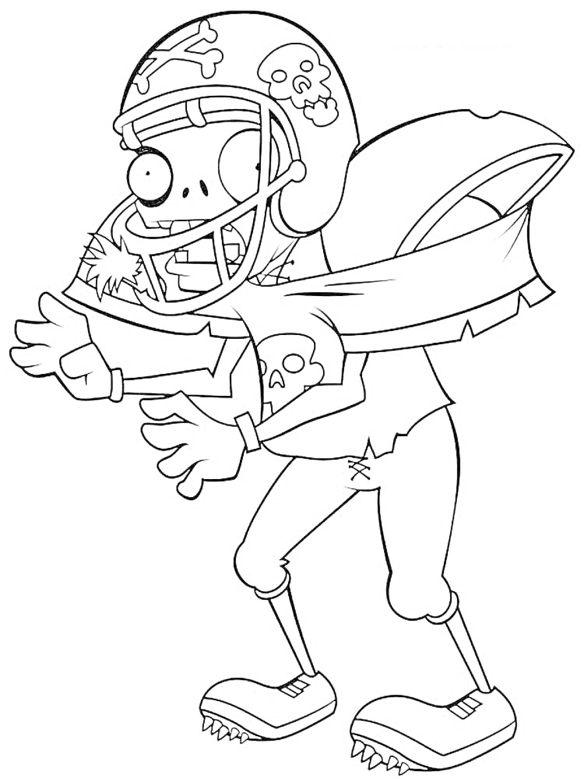 Раскраска Зомби в футбольном шлеме с рваными одеждами из видеоигры 
