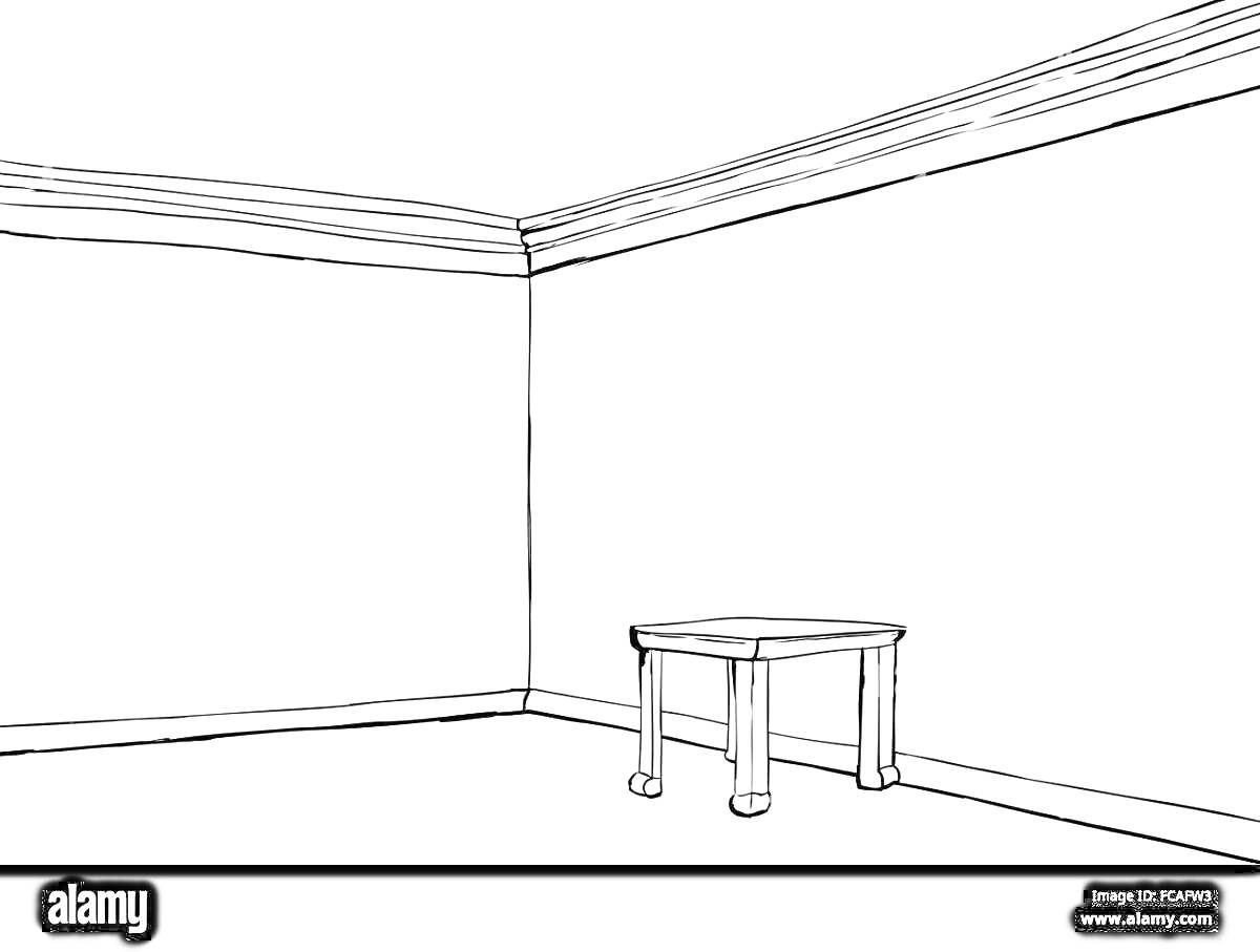 На раскраске изображено: Пустая комната, Стол, Угол, Потолок, Пол, Мебель, Интерьер