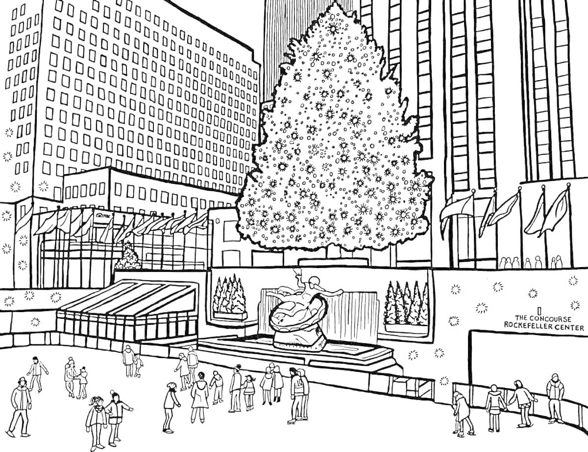 Раскраска Нью-Йорк, Рокфеллер-центр с рождественской ёлкой