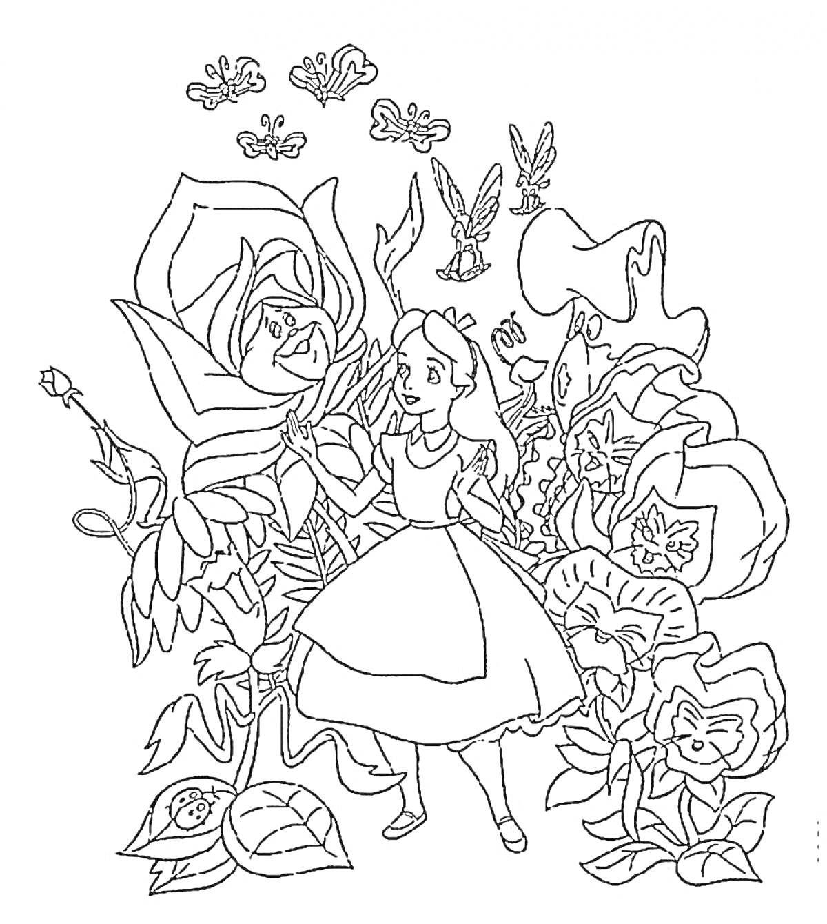 На раскраске изображено: Алиса, Девочка, Цветы, Из сказок, Бабочка
