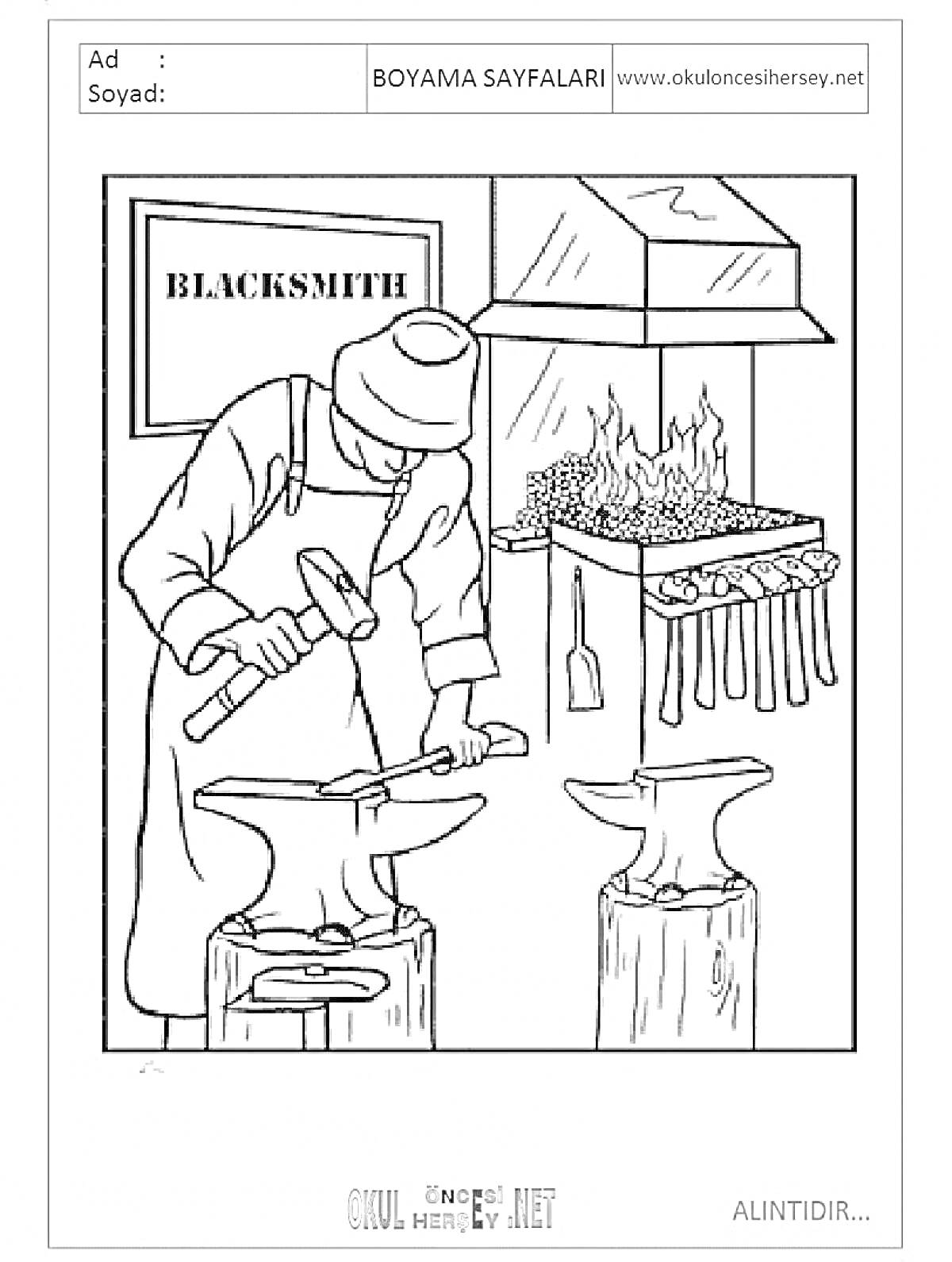 Раскраска Кузнец в мастерской с молотом, наковальней и кузнечным горном