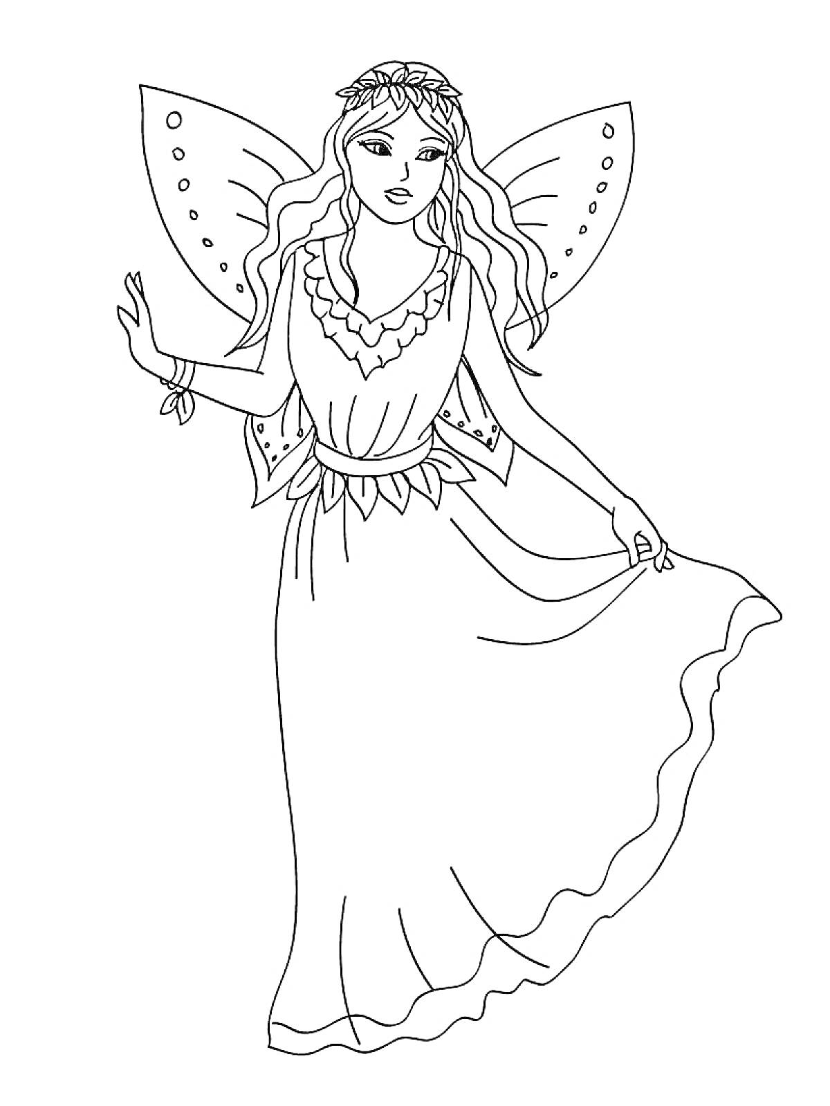 Раскраска Фея в длинном платье с цветочным венком и крыльями