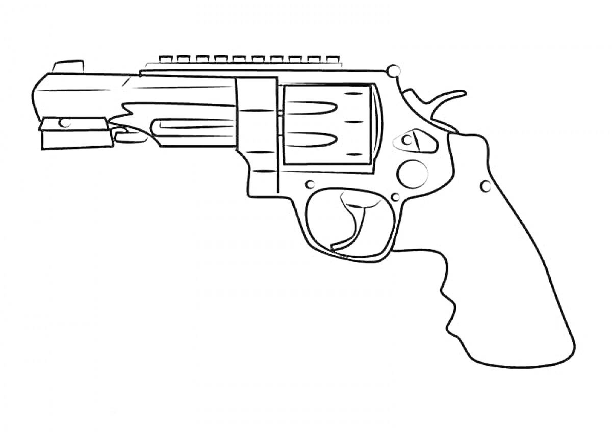 На раскраске изображено: Револьвер, Оружие, Пистолет, Спусковой крючок, Прицел