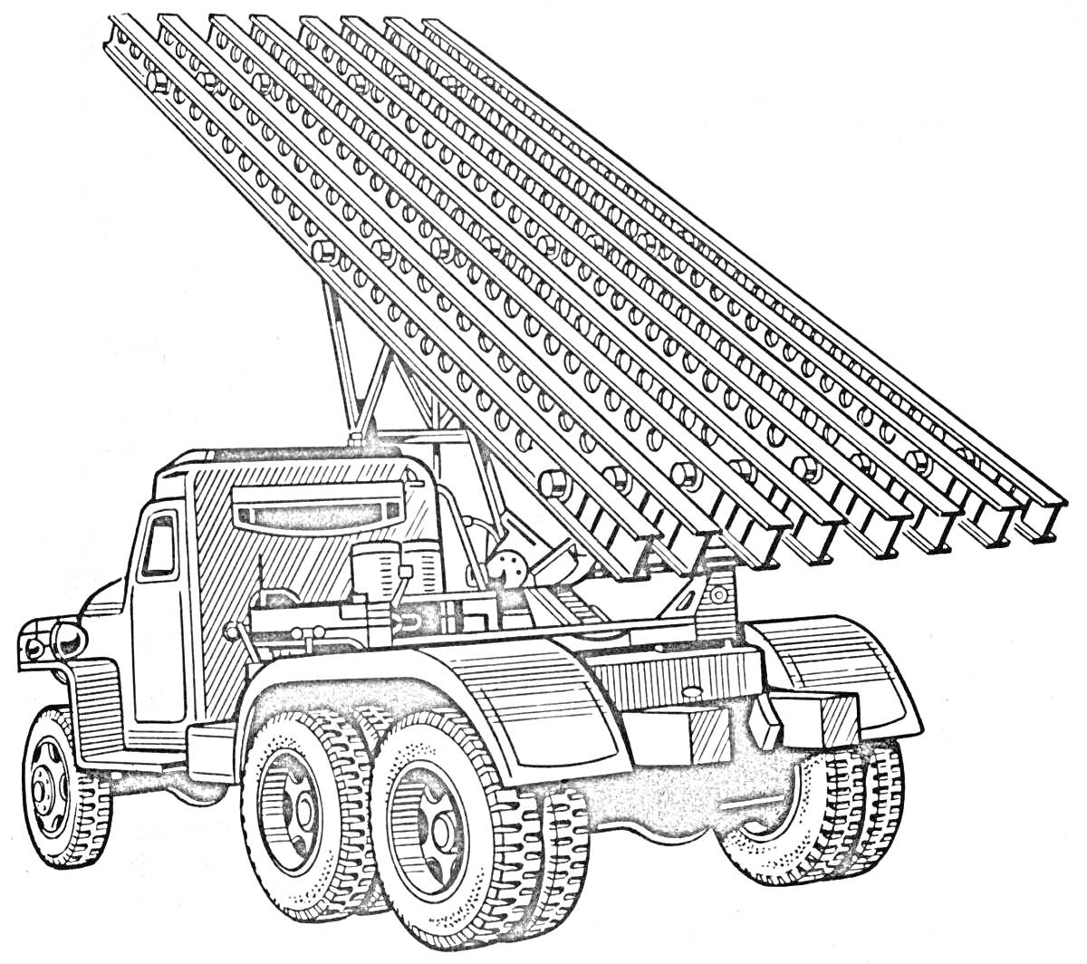Раскраска Грузовик Катюша с ракетной установкой