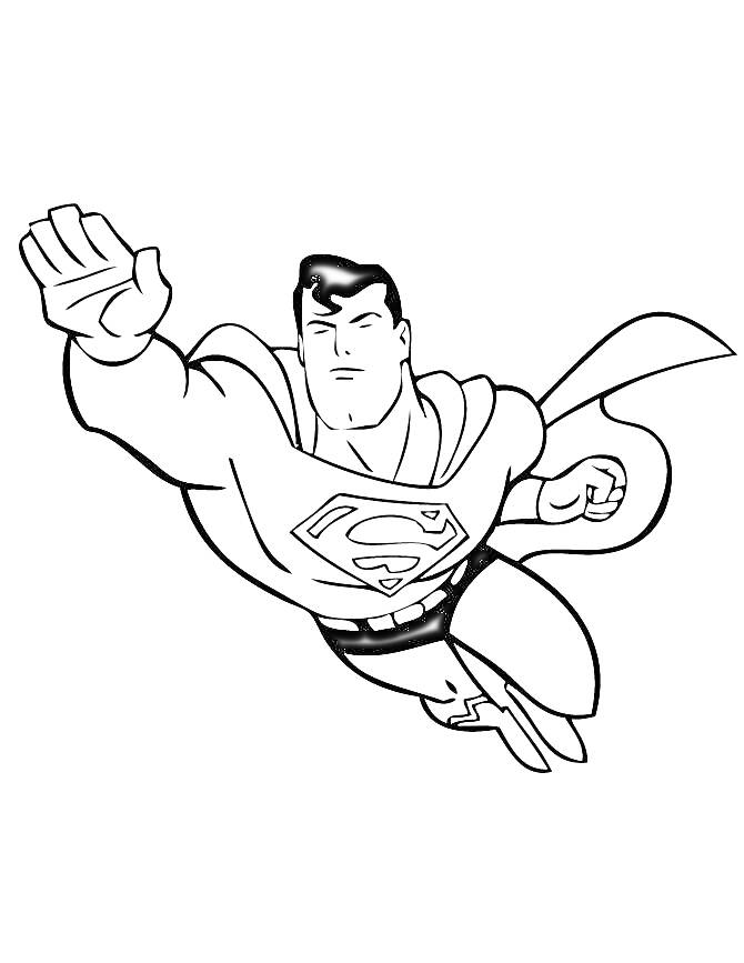 На раскраске изображено: Супермен, Полет, Герой, Плащ, Вытянутые руки, Комиксы, Супергерои