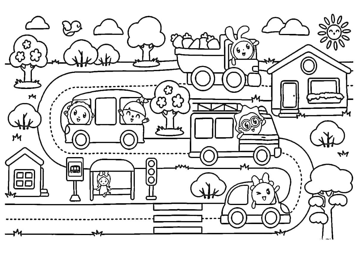 Раскраска Малышарики на дороге с домами, деревьями и транспортными средствами