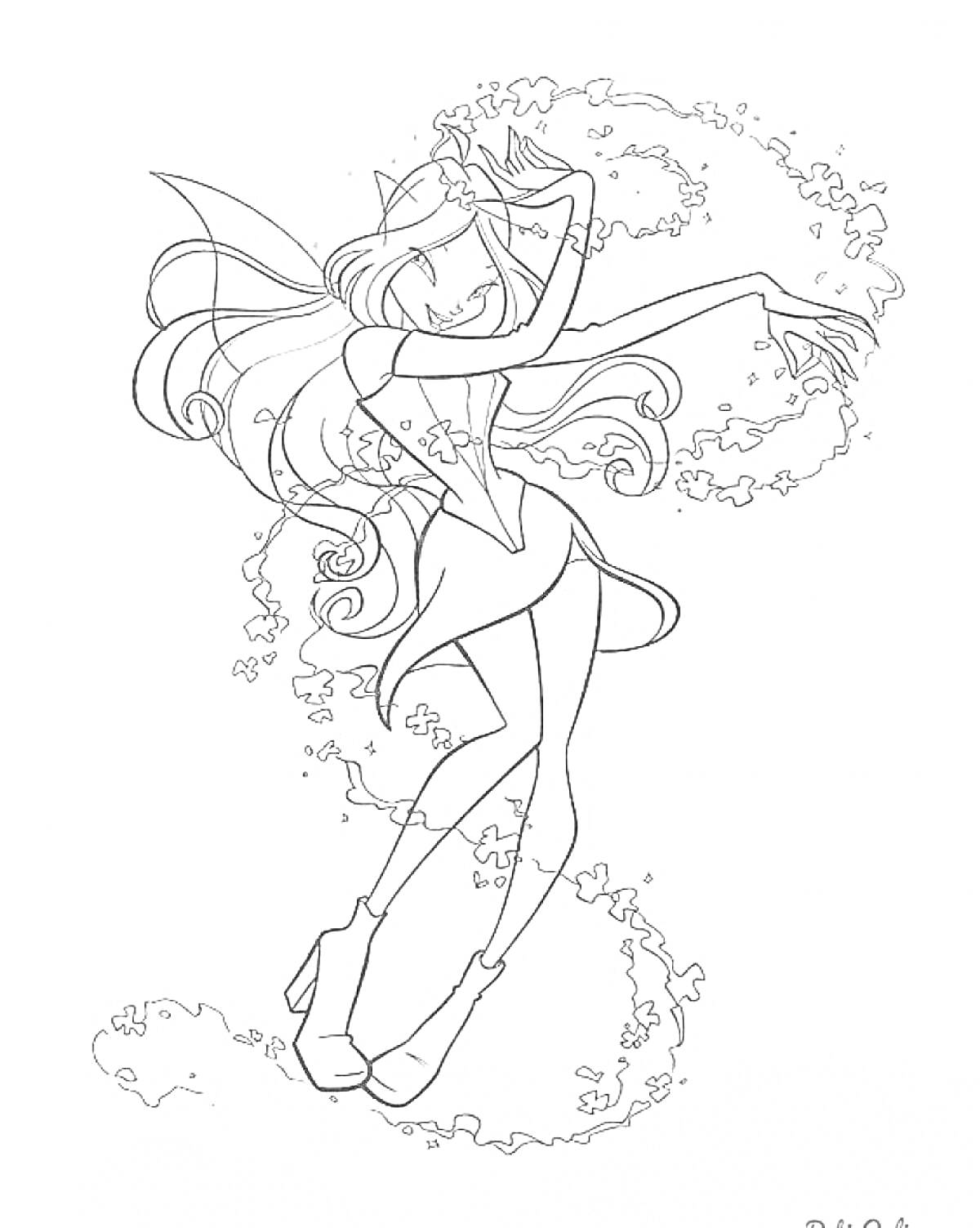 Раскраска Фея с длинными волосами, в платье и сапогах, с крыльями, окруженная лианами и лепестками