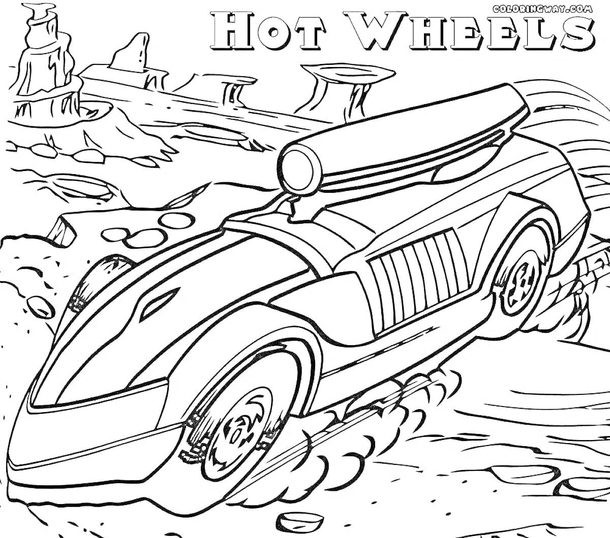 Раскраска Машина на трассе с надписью Hot Wheels, скалистая местность