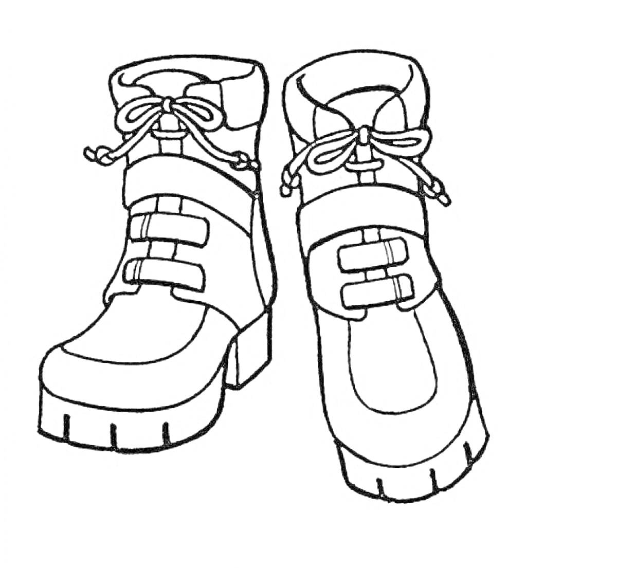На раскраске изображено: Ботинки, Обувь, Пряжки, Шнурки, Пара