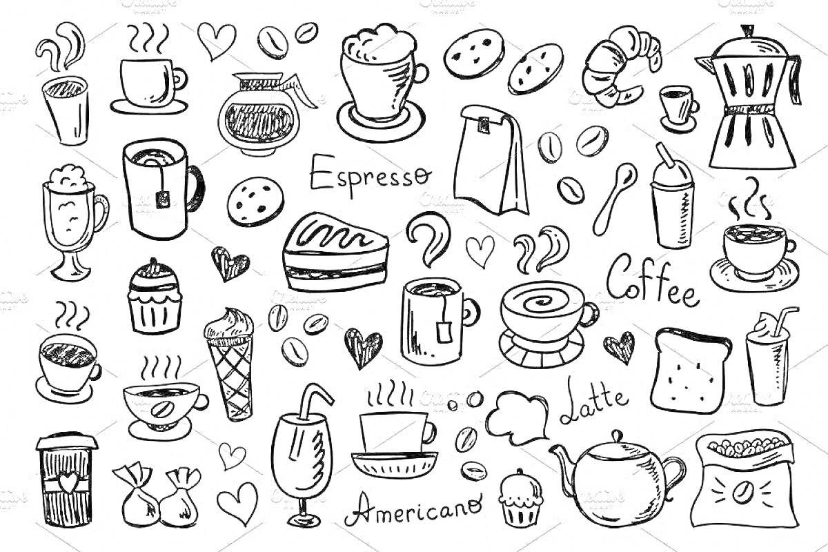 Раскраска Раскраска, изображение еды и напитков: чашка кофе, кофеварка, молочник, кекс, круассан, печенье, торт, капучино, чай, бизнес-ланч, сэндвич, сахарница, салфетки, ложка, кофе 