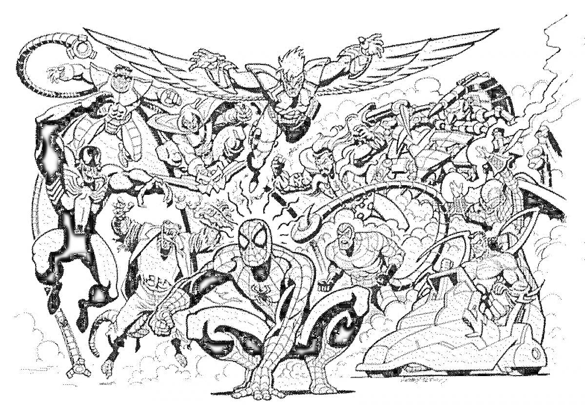 Раскраска Сцена сражения с супергероями и суперзлодеями, включающая Человека-паука, персонажа с крыльями, различных героев и злодеев с уникальными костюмами и снаряжением.