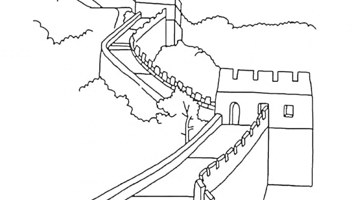 На раскраске изображено: Великая Китайская стена, Ступени, Деревья, Ландшафт, Архитектура, Китай, Историческое место