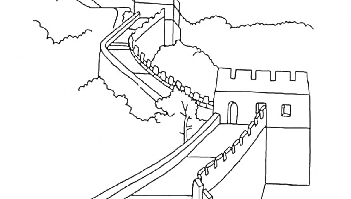 Раскраска Великая китайская стена с башней, ступенями и деревьями
