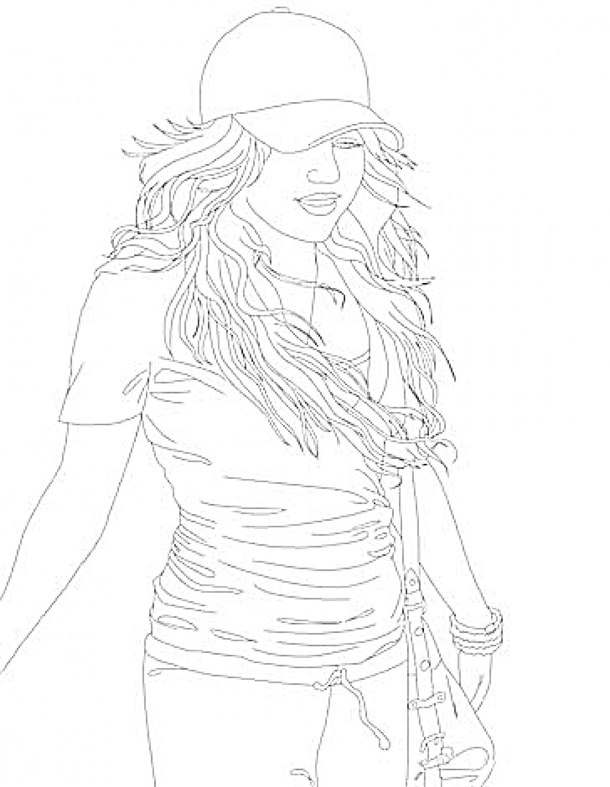 Раскраска Девушка в кепке с распущенными волосами и сумкой через плечо