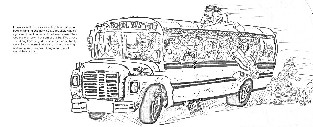 На раскраске изображено: Школьный автобус, Водитель, Пассажиры, Скейтборд, Транспорт, Школа