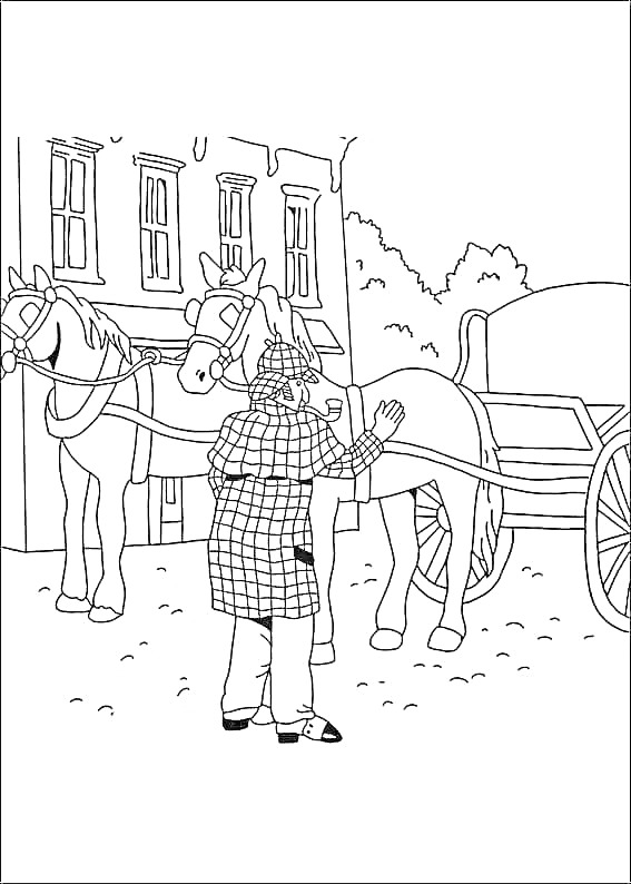 Раскраска Детектив гладит лошадь рядом с каретой на фоне зданий