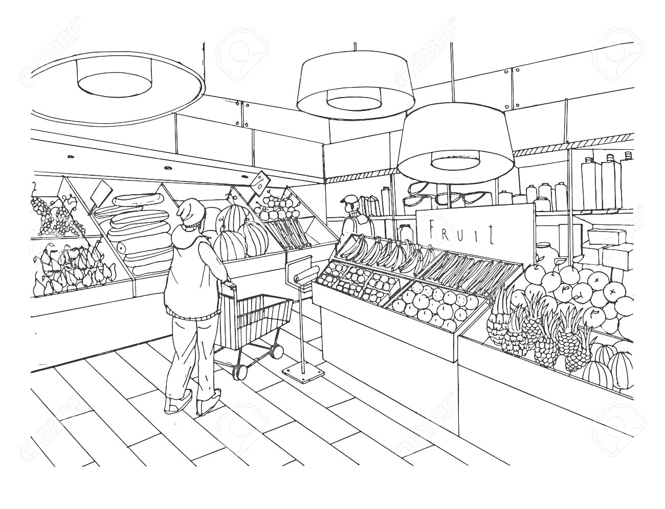 На раскраске изображено: Супермаркет, Фрукты, Овощи, Полки, Продукты, Магазин, Покупки, Освещение