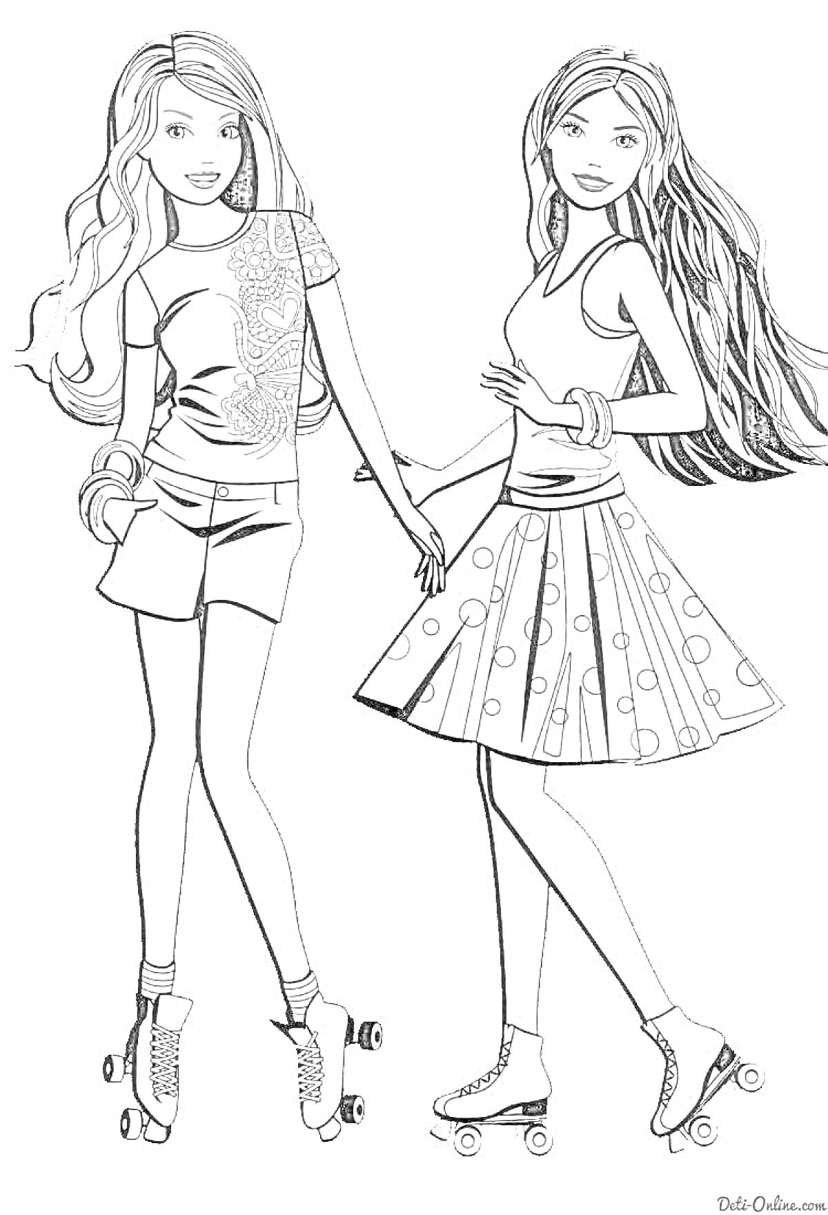 Раскраска Две куклы Барби на роликах, одна в шортах с цветочным топом, другая в юбке с горошинами и футболке с браслетами