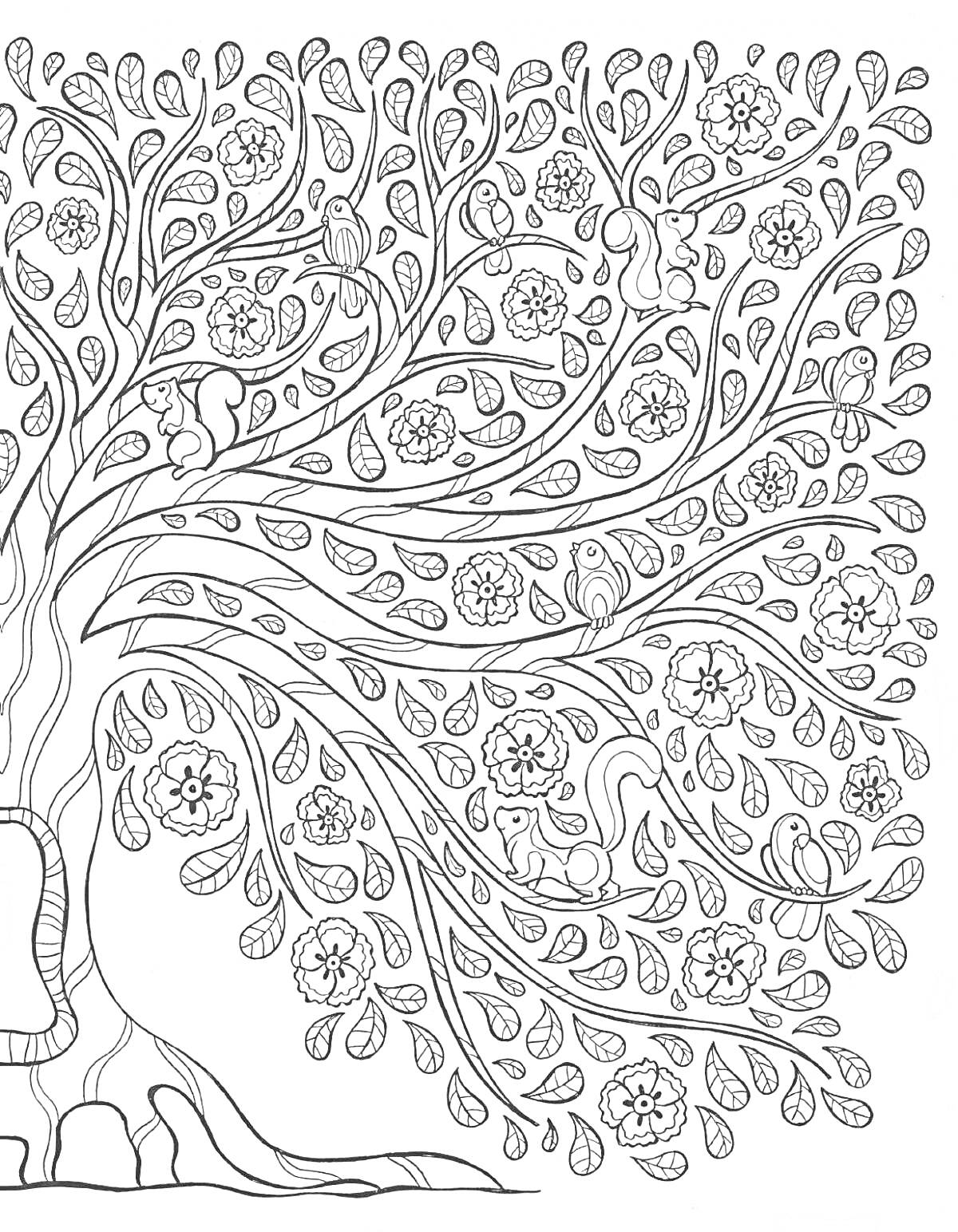 Раскраска Дерево с листьями, цветами, белками и птицами