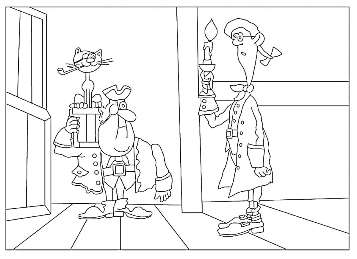 Раскраска Доктор Ливси с подсвечником и пират с сундуком и кошкой