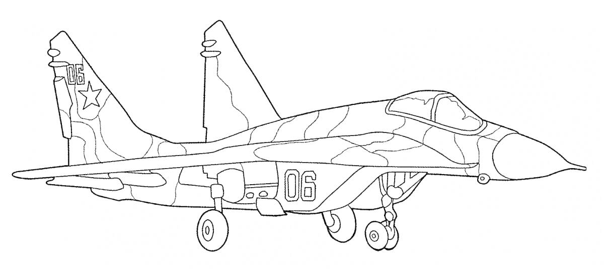 Раскраска Военный самолет с камуфляжным рисунком, звездами на хвосте и номером 