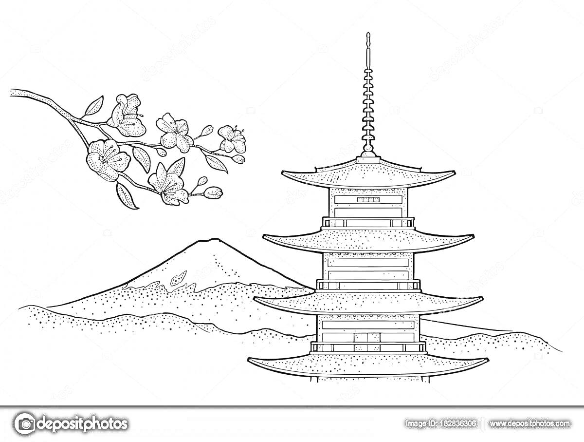 На раскраске изображено: Пагода, Гора Фудзи, Сакура, Япония, Архитектура, Природа, 4 класс, Страна восходящего солнца