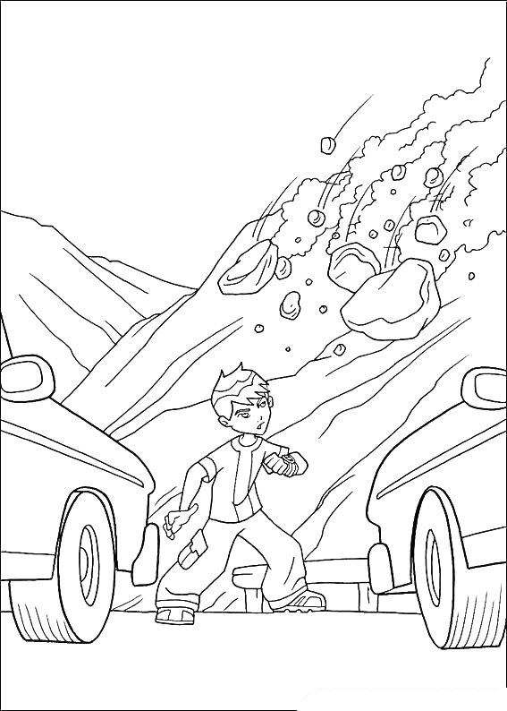 Бен Тен между двумя машинами, спасается от падающих камней с горы
