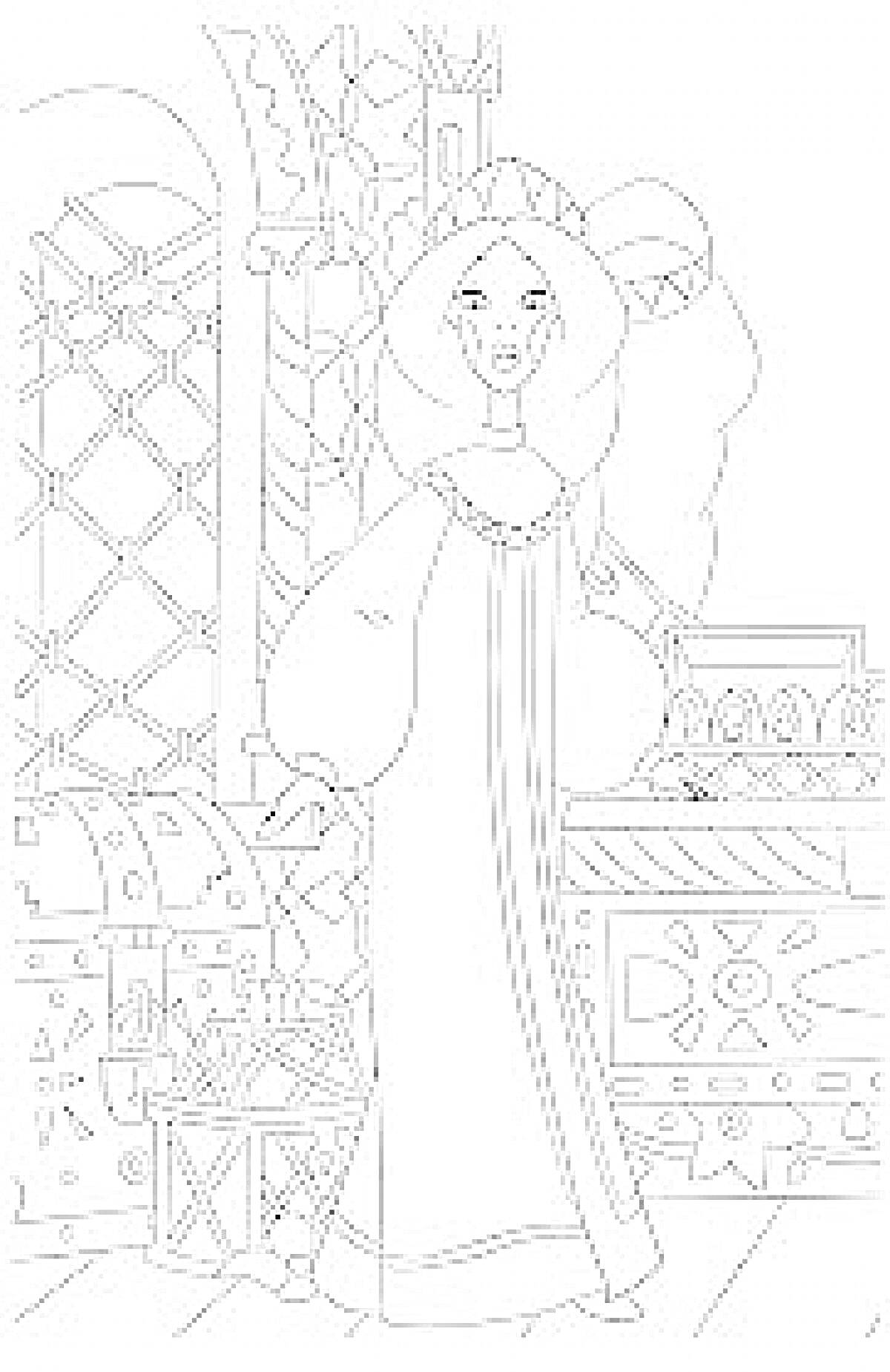 Раскраска Боярыня в тереме с сундуками и решетчатым окном
